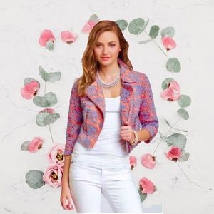 DARLING GREY LACE CROPPED JACKET WITH ORANGE LINEN SIDE ZIPPER ZIPPED POCKETS M